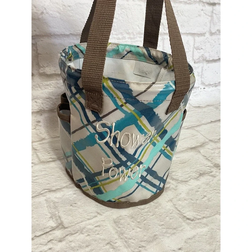 Thirty One Shower Power Round About Caddy Teal Sea Plaid Mesh Tote Handles